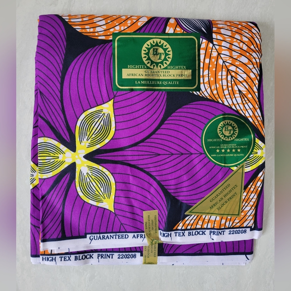 NEW package of African high tex block printed fabric in purple and orange colour